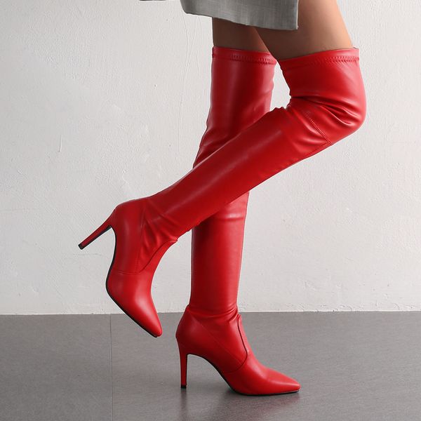 

aiweiyi stretch boots for woman pointed toe thin high heels over the knee boots black red party shoes nightclub dancing