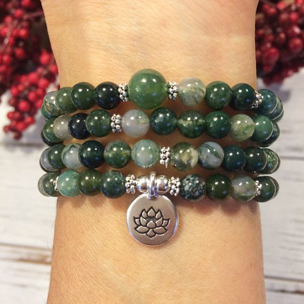 

tennis 108 moss a-gate mala meditation buddhist prayer beads bracelet-necklace beginnings abundance strength lotus om wrist, Golden;silver