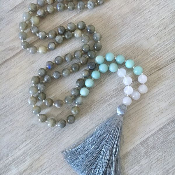 

labradorite amazonite & snow q-uartz knotted tassel necklace women 108 beads mala necklace boho tassel chakra jeweley, Silver