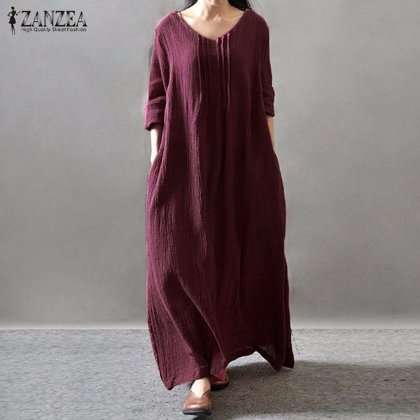 

casual dresses zanzea women dress 2021 autumn v neck long sleeve floor-length loose solid maxi vestidos plus size s-5xl, Black;gray