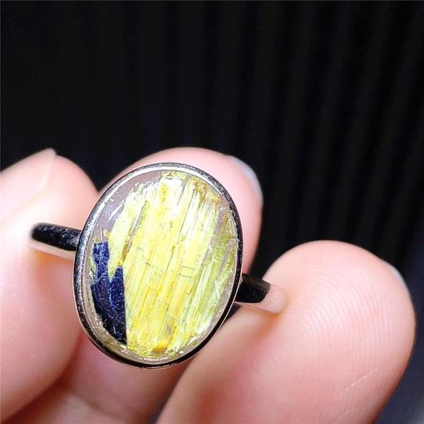 

genuine natural gold rutilated quartz 14x10mm adjustable men ring crystal oval 925 sterling silver wealthy stone ring, Golden;silver