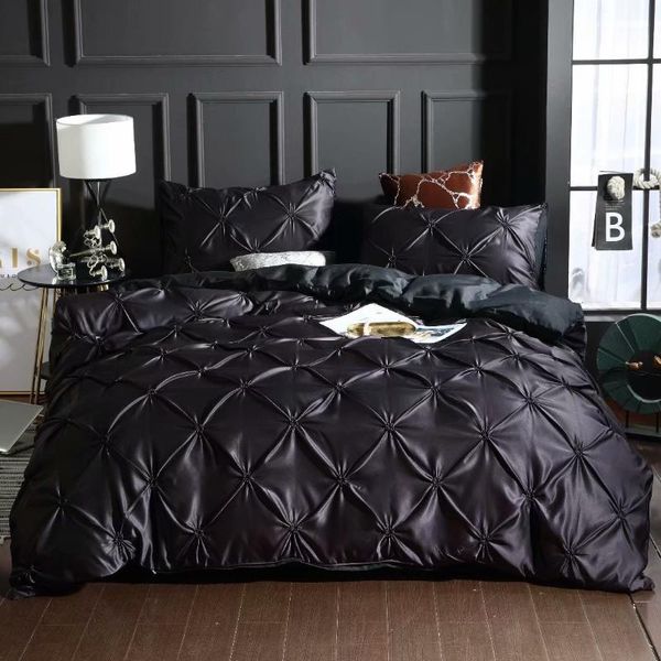 

washing silk solid black color pulled flowers duvet pillowcase set continental double bed 3pc set luxury bedding  king size