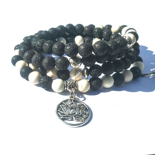 

108 prayer beads buddhist wrapped wrists men natural lava stone lotus buddha om bracelets charm jewelry men women, Golden;silver