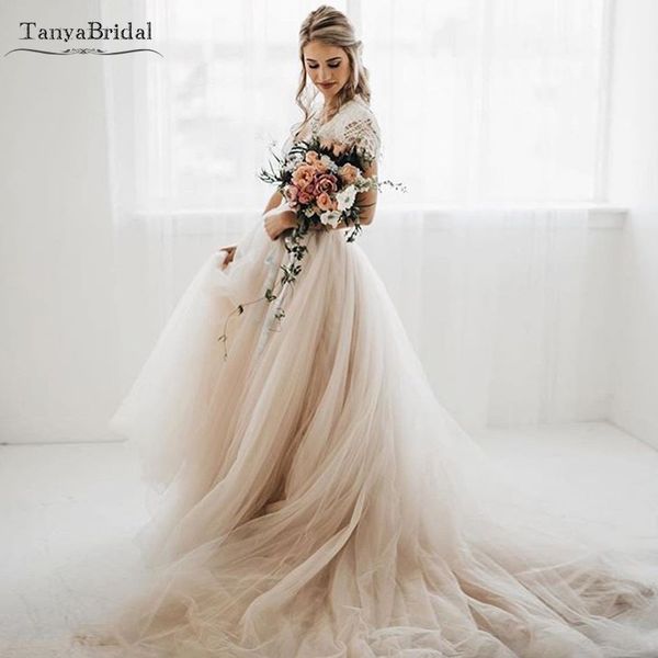 Light Champagne Tulle юбки свадебные платья Богемский мечтательный элегантный старинные свадебные платья Vestido de Noiva DW027