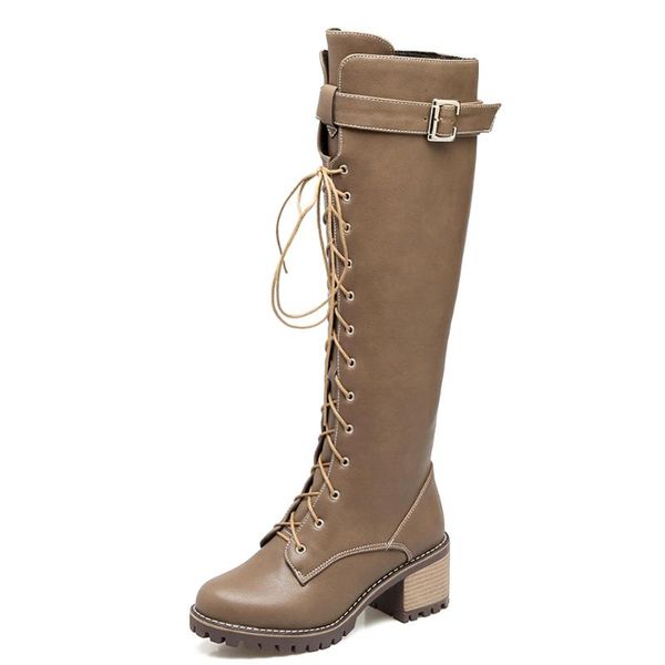 

thick heel side zipper cross-lace knee-length boots belt buckle lace-up rider boots round toe army green grey shoes, Black