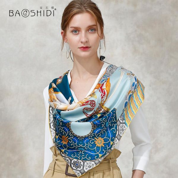

baoshidi]2020 autumn new arrival, 16m/ 100% silk satin scarf, 106*106 square scarves women,style leisure scarf shawl, Blue;gray
