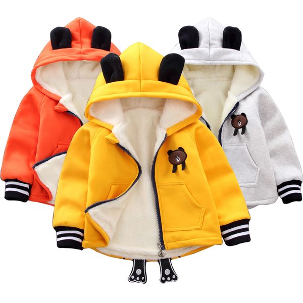 

baby clothing winter warm jacket baby boy plus velvet cotton coat girl cartoon bear hooded sweater jacket, Blue;gray