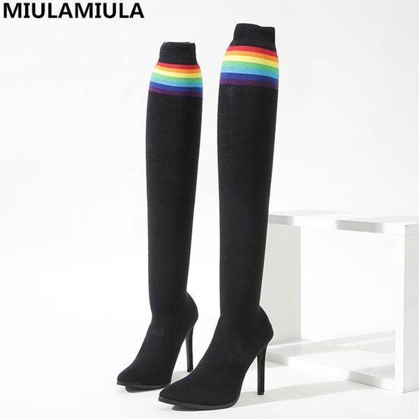 

2020 зимняя горячая мода полосатый sexy высокие тонкие каблуки высокие сапоги растягивать ткани коленных socofy обувь женщины носки сапоги, Black