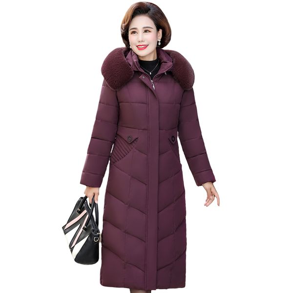 

women's down & parkas winter x-long jacket fur collar for middle-aged women warm thick hooded coat plus size 4xl cotton female overcoat, Black