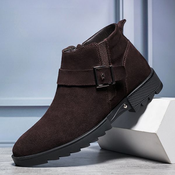

men fashion warm wool desert boots buckle winter boots genuine leather snow shoes cotton ankle boot zapato hombre botines botas, Black