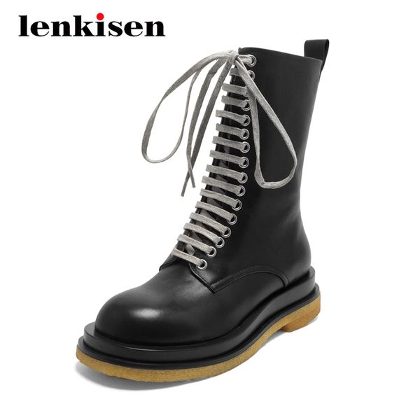 

boots lenkisen natural leather handsome waterproof high fashion round toe med square heel zipper young girls cozy mid-calf l92, Black