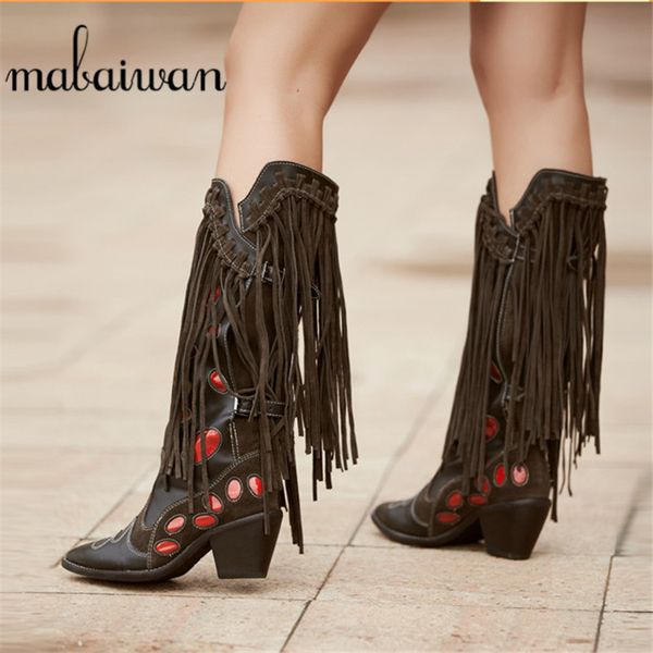 

mabaiwan fashion designer genuine leather long boots tassel pointed toe shoes woman motorcycle booties high heel knee high boots, Black