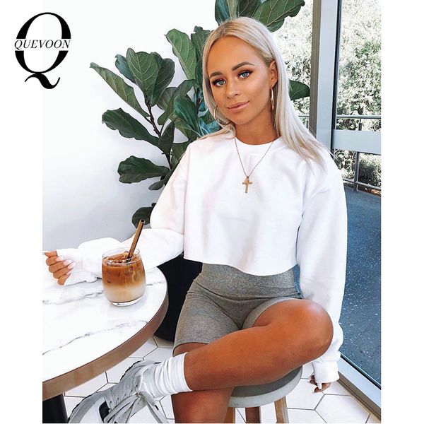 

quevoon autumn solid cropped hoodies long sleeve multi colors causal female's for winter 2020 high fashion sweatshirts, Black