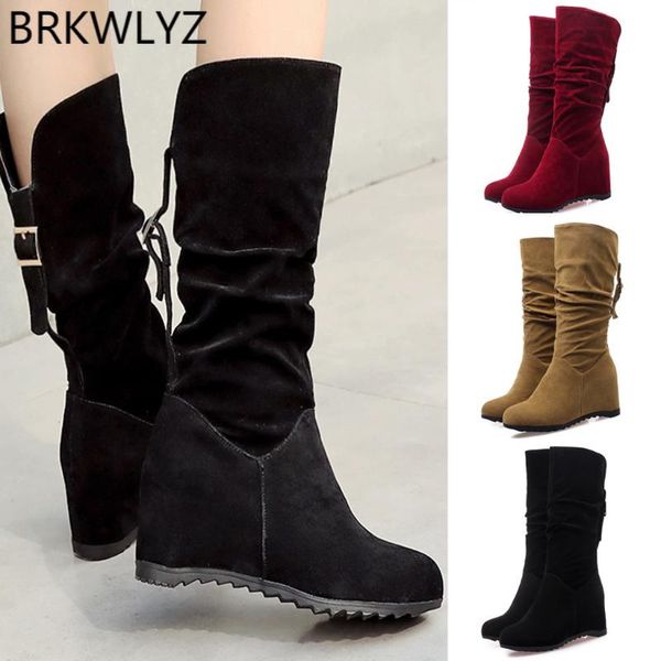 

stretch fabric thigh high boots women pure color round toe lace-up suede boots wedge heels vintage botas mujer footwear, Black