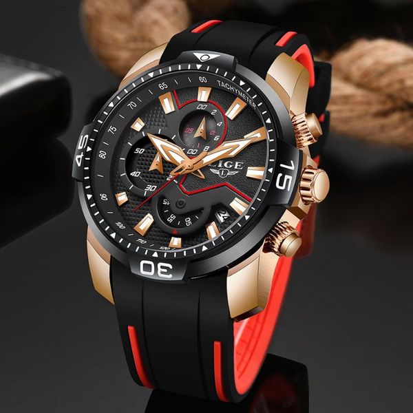 

lige mens watches fashion business quartz watch mens rubber sport waterproof clock relogio masculino, Slivery;brown