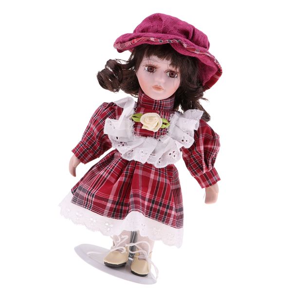 

20cm vintage porcelain curly girl doll people figures with red plaid dress