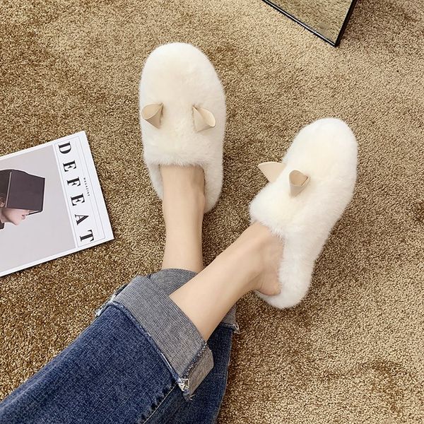 

slippers flat-bottomed wool women wear 2021 fashion lazy plush shoes, Black