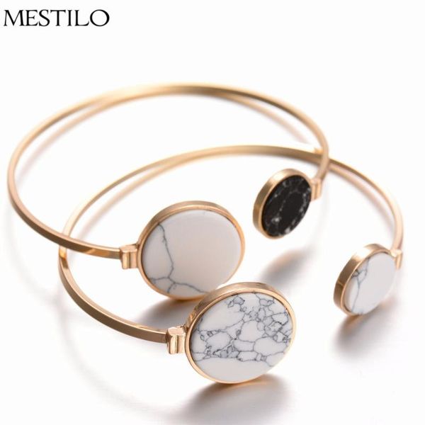 

mestilo gold color punk trendy classic white black round marble faux stone adjustable open cuff bangles bracelets for women