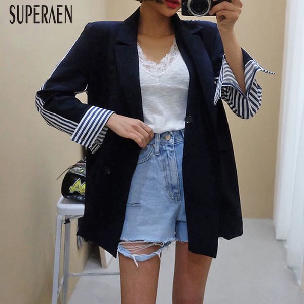 

superaen korean-style casual stripes suit jacket women spring new 2020 wild ladies jackets cotton fashion women clothing, Black;brown