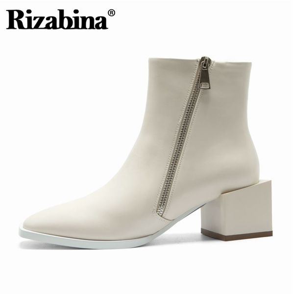 

rizabina real leather women ankle boots side zipper thick heel shoes square toe warm boots party women footwear size 34-39, Black