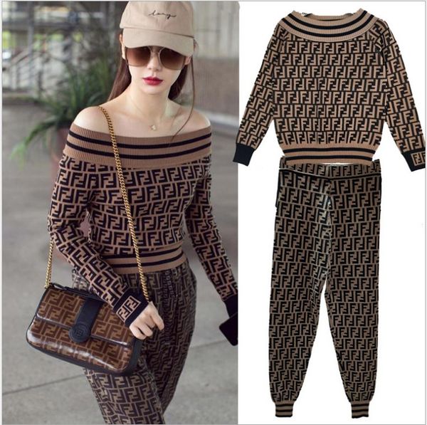 

2018 autumn and winter rose word round neck pick hole double f letter long-sleeved sweater shirt + two feet pants, Gray