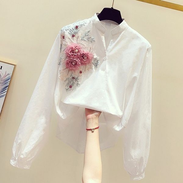 

2020 new autumn stand collar long sleeve white blouses three-dimensional embroidery flowers all-match casual female shirts