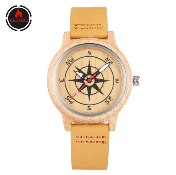 redfire compass direction display men women bamboo watch brown genuine leather wristwatch creative wood watches gift, Slivery;brown
