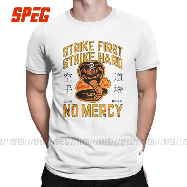 

men's cobra kai strike first strike hard t shirts karate kid pure cotton crazy short sleeve tees summer t-shirt plus size