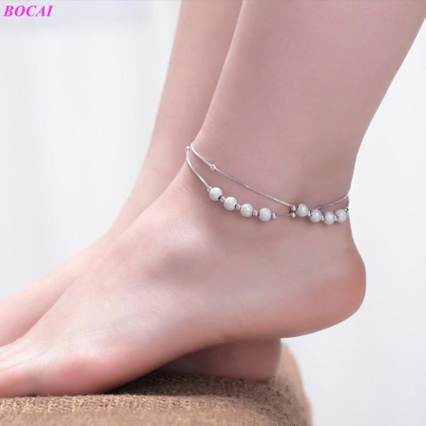 

bocai s925 sterling silver anklet simple round bead frosted chain girl 2020 new fashion fresh 925 pure silver foot accessories, Red;blue