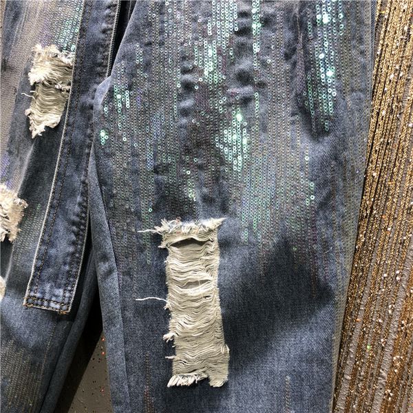 

women's jeans bud high-waist 2021 spring elastic waist loose straight hole ripped sequined harem pants denim trousers, Blue