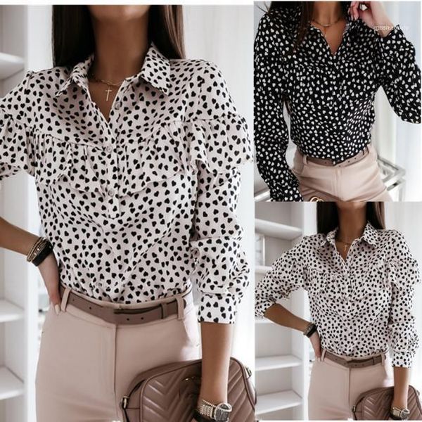 

woman spring summer lapel neck long sleeve shirt woman fashion slim clothes womens ruffle heart dot shirts, White