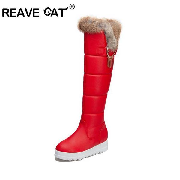 

reave cat the winter fashion fur women's knee boots round toe tassel wedges bukle low-heeled platform women's shoes size 32-43, Black