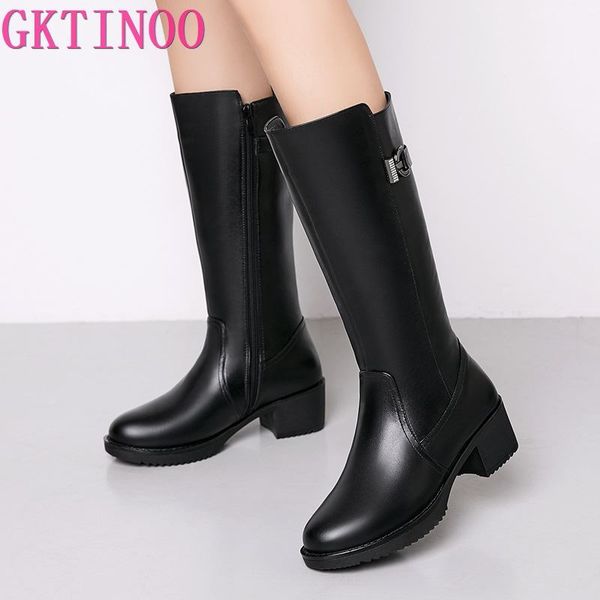 

gktinoo women winter shoes genuine leather women winter boots natural wool shoes warmful knee high boots, Black