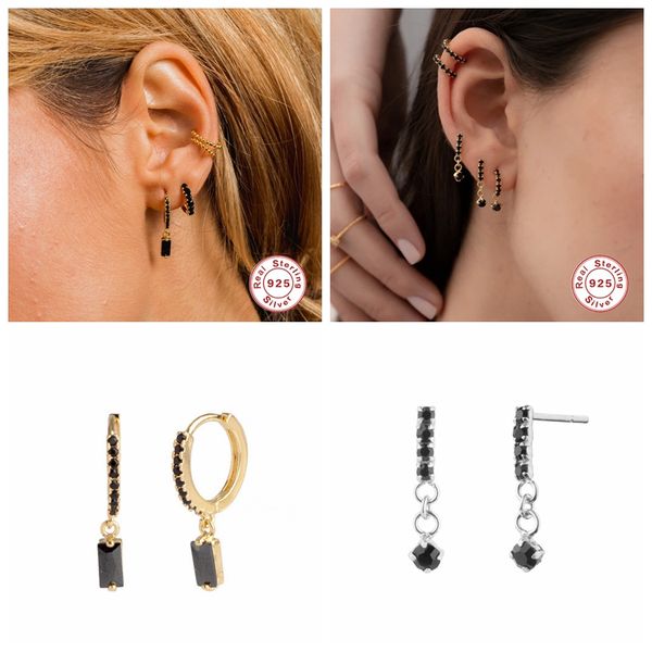 

hoop & huggie 100% 925 sterling silver bling black zircon hanging pendientes earring for lovers' valentine's gift charm fine jewel, Golden;silver