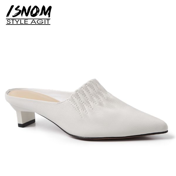 

isnom low heels slippers woman pointed toe footwear fashion pleated female slides shoes mules shoes women summer 2020 new white, Black
