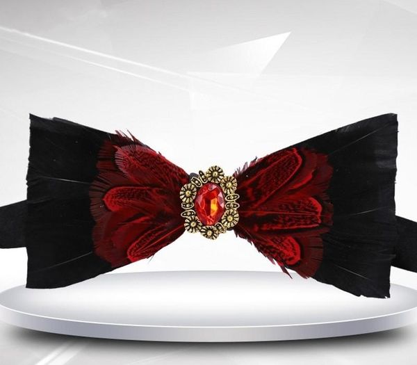 

poshawn red black wedding bowtie feather with rhinestone accessories for men bow ties necktie casual party formal wear 2018 new, Black;gray
