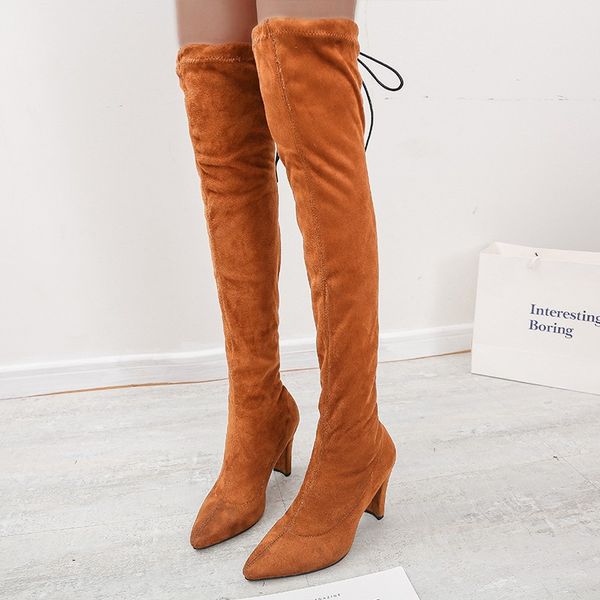 

women winter boots stretch faux suede slim thigh high boots brand over the knee high heels shoes over-the-knee square hee, Black