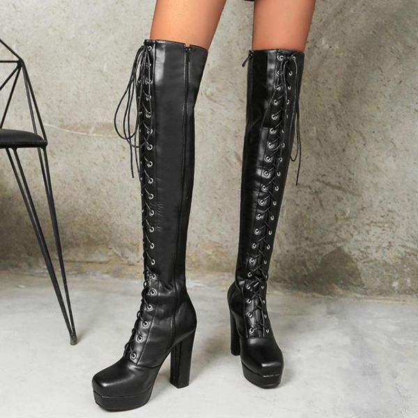 

boots big size 48 platform pu upper skintight women over knee high boot thigh solid side zipper chunky heel for ladies, Black