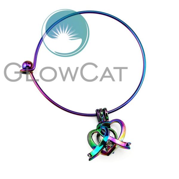 

rainbow b-c819 heart to heart beads cage locket wrist girl women expandable wire steel bracelet bangle, Black