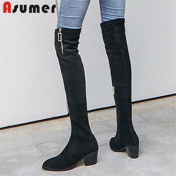 

boots asumer big size 34-42 fashion over the knee zip thick high heels suede leather slim stretch thigh 2021, Black