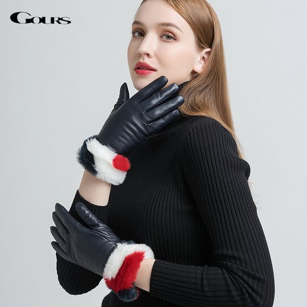 

five fingers gloves gours genuine leather winter women fashion black navy blue touch screen warm hand driving 2021 mittens gsl085, Blue;gray