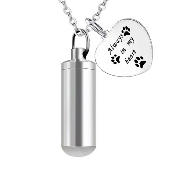 

silver cylinder shape cremation ashes necklace keepsake stainless steel ashes memorial jewelry pendant-always in my heart