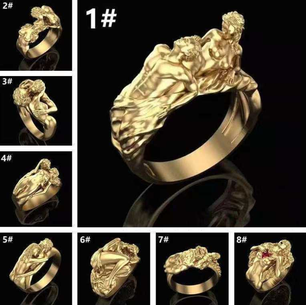 

moda cor de ouro amor anéis punk viking queda no amor homens e mulheres casal anel adam eva amantes jóias presentes, Golden;silver