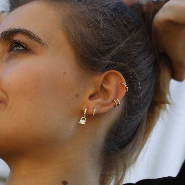 

huggie padlock earrings tiny hoop earrings hoop lock small pendant lock, Silver