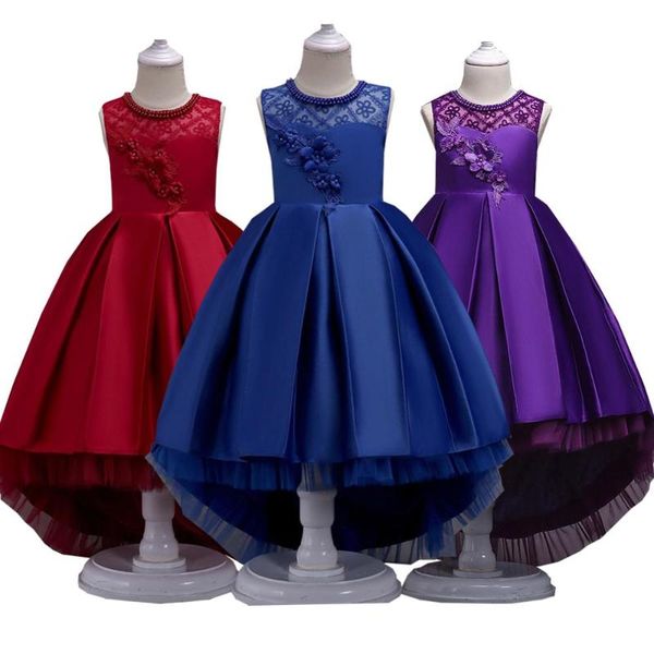 

children's long tail lace flower beading princess dress girl performance elegant party birthday evening lady dresses bh-580, Red;yellow