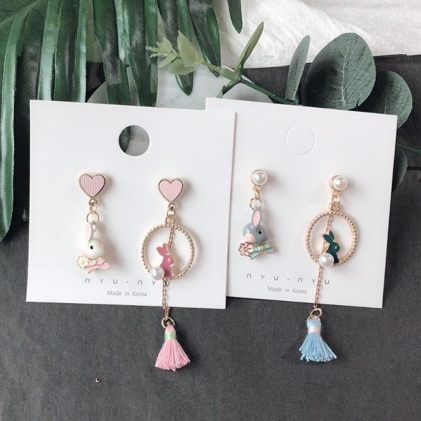 

dangle & chandelier original design japanese korean cute animal girl round charm asymmetrical tassel long drop earrings, Silver