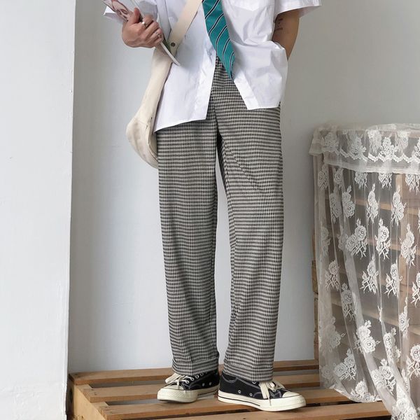 

ewq / men's clothing plaid pants male 2020 autumn loose straight vintage all-match trousers japanese fashion streetwear 9y1951, Black