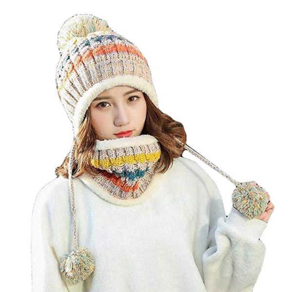 

beanie hat for women winter hat autumn skullies knitted warm beanies three pompom ball multi functional scarf set, Blue;gray