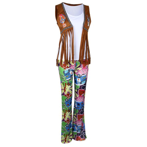 

3 шт outfit женщины \ 's groovy hippie flower power костюм 70s flare брюки, White