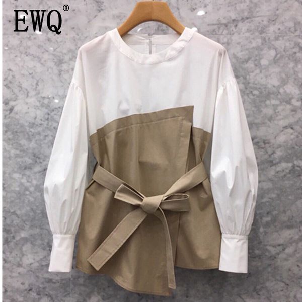

women's blouses & shirts [ewq] 2021 spring summer pattern round collar long sleeve hit colors adjustable waist vintage shirt women ag15, White